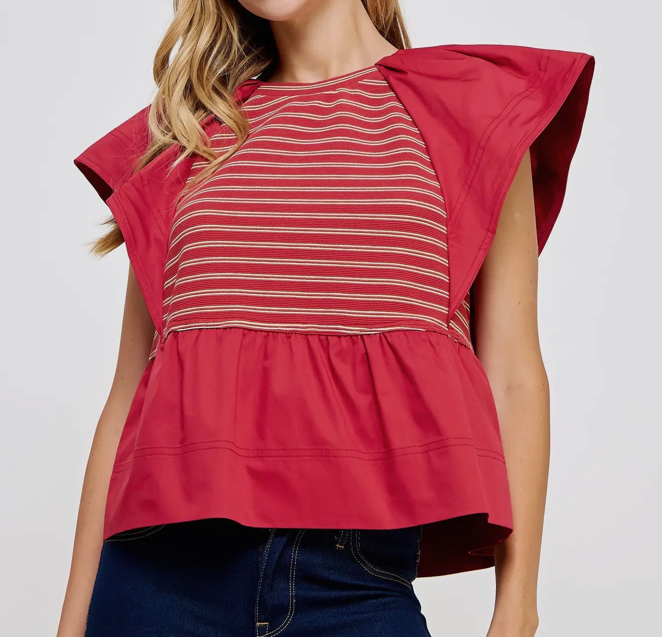 z   Mixed Media Ruffled Striped Knit Top