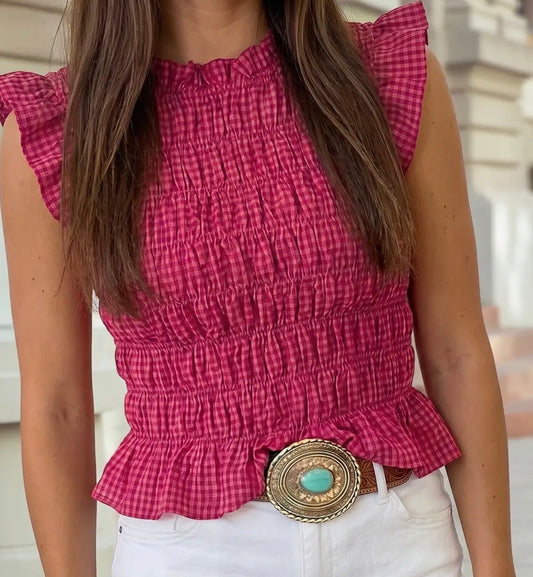 z   Plaid Shirred Ruffle Trim Smocked Tank Top