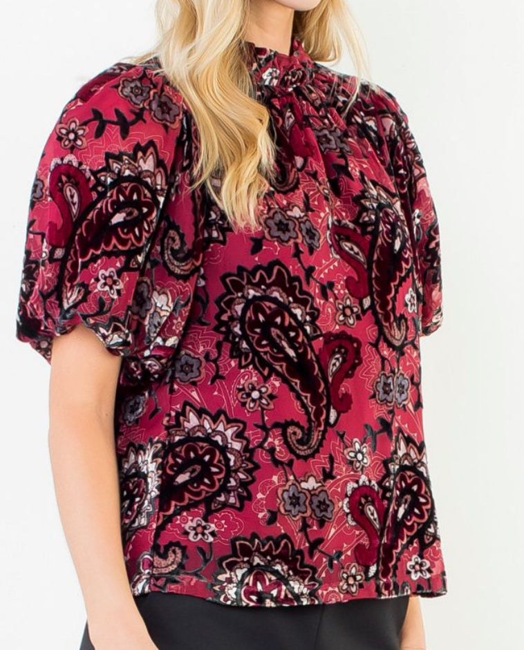 z   Burgundy Velvet Paisley Puffed Sleeve Top