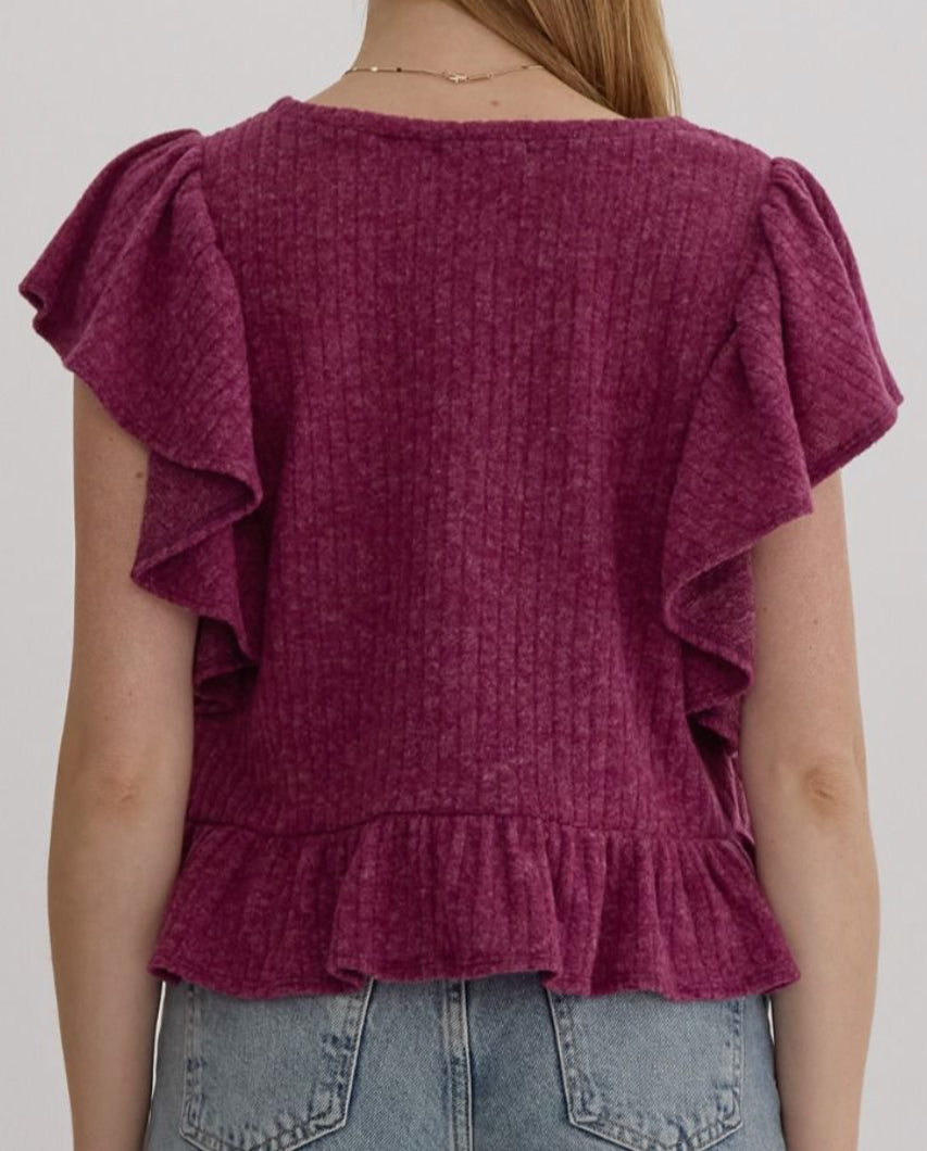 z   Ribbed Knit Ruffle Top Plum