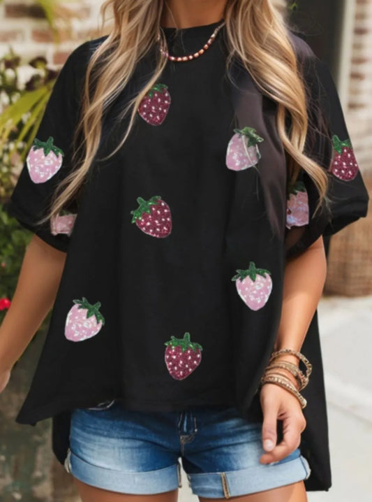 z   Strawberry Sequin High Low Half Sleeve T-Shirt