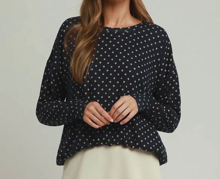 z  Polka Dot Bubble Hem Navy Top