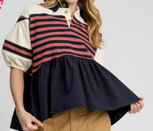 z   Striped Contrast Dolman Top