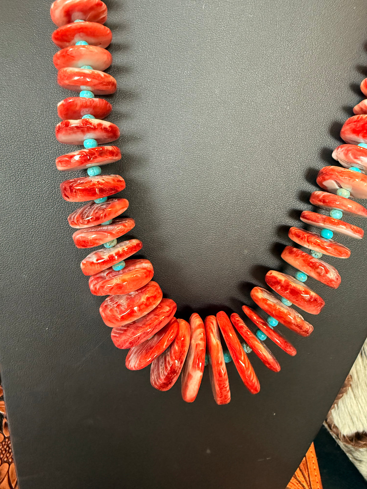 24" Red Spiny and Kingman Turquoise Graduated Necklace