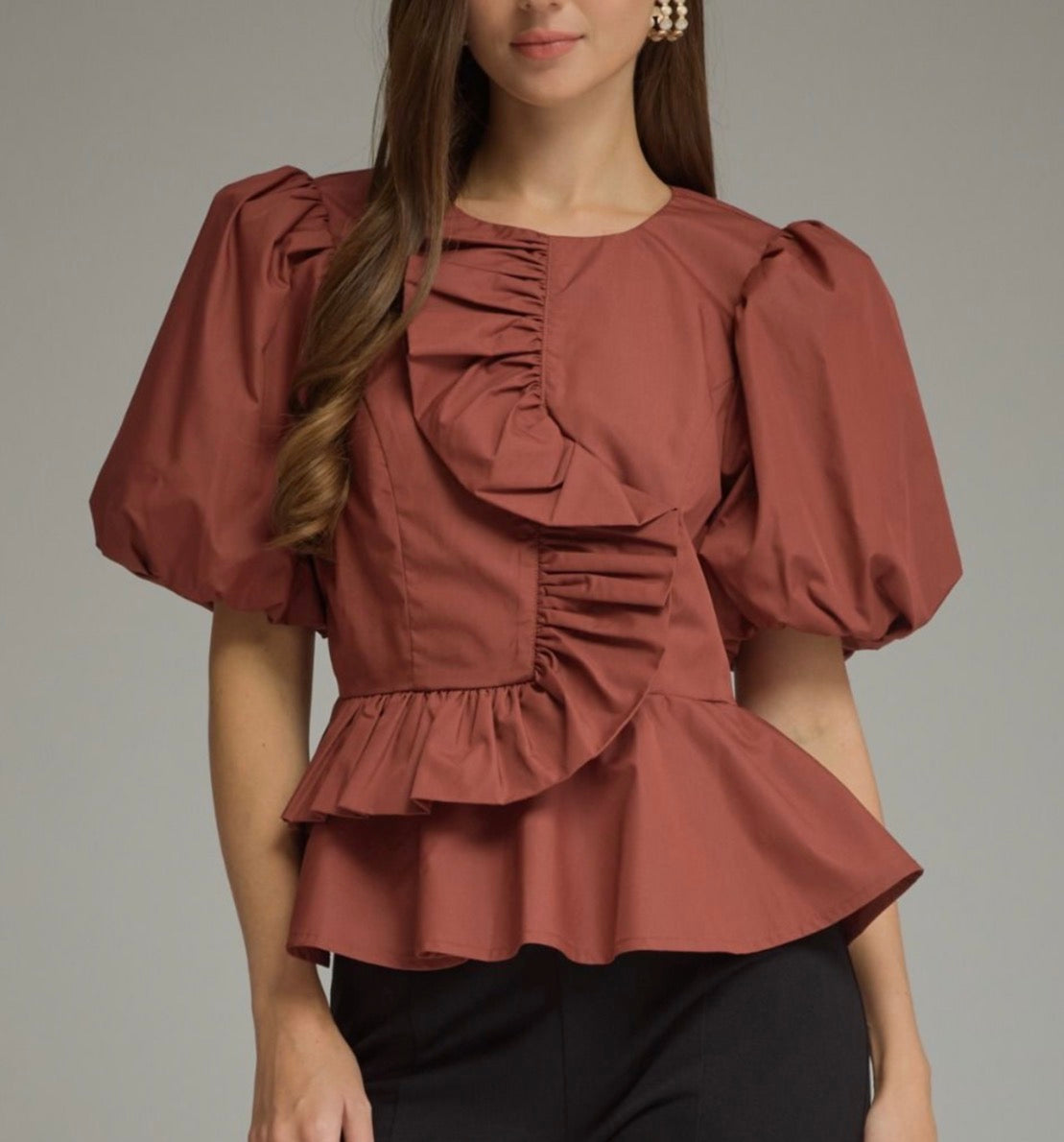 z   Puffed Sleeve Ruffle Top
