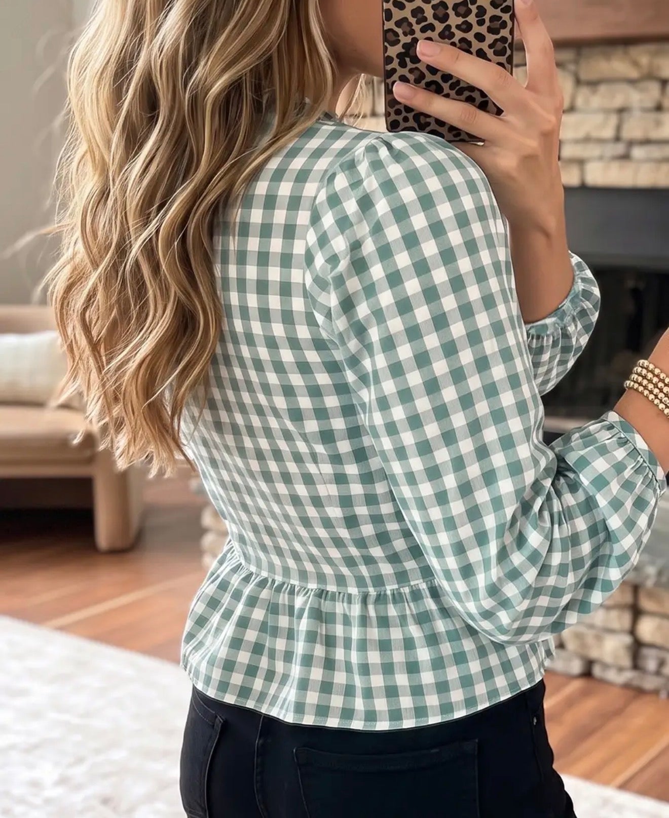 z   Turquoise Plaid Shirred Peplum Top