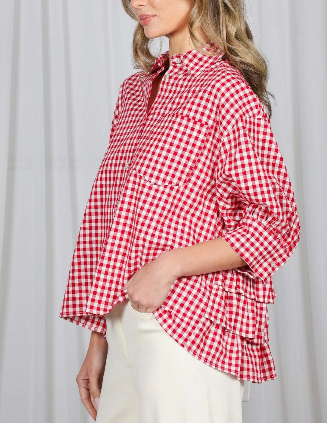 z   Red Gingham Puff Sleeve Ruffle Top