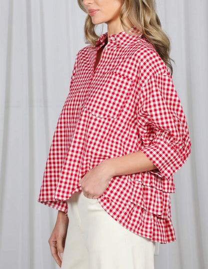 z   Red Gingham Puff Sleeve Ruffle Top