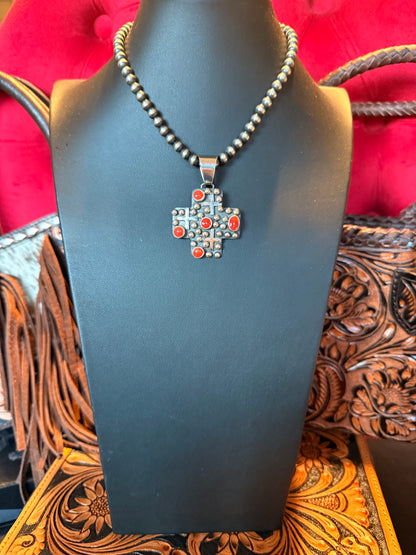 Handmade Sterling Silver Cross and Coral Pendant   By Geneva Apachito