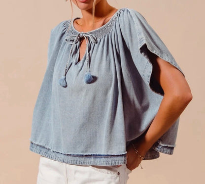 z   Smocked Neck Dolman Chambray Denim Top