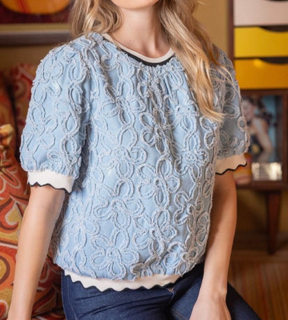 z   Wave Ribbed Trim Detail Floral Textured Denim Top