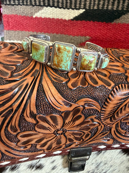 Square Green Turquoise Stone  Cuff By Junior Begay