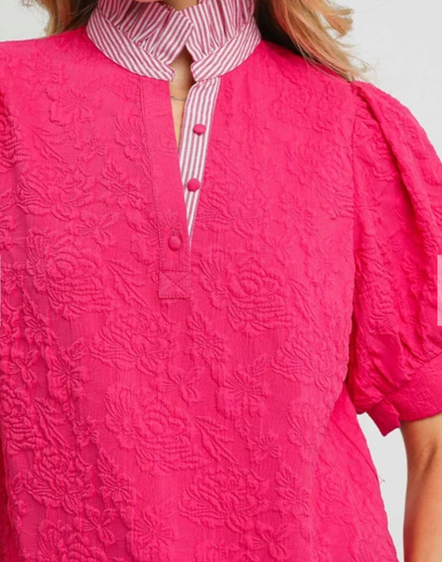 z   Jacquard High Ruffle Neck Top