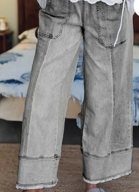 z   Denim Raw Hem Drawstring Wide Leg Pants
