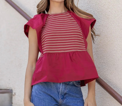 z   Mixed Media Ruffled Striped Knit Top