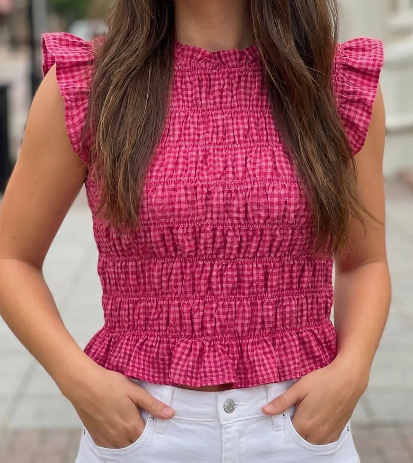 z   Plaid Shirred Ruffle Trim Smocked Tank Top