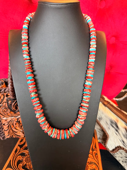 24" Red Spiny and Kingman Turquoise Necklace