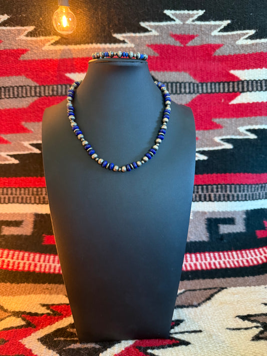 7mm Sterling Silver Mixed Navajo Pearls with Lapis Necklace 16" Long