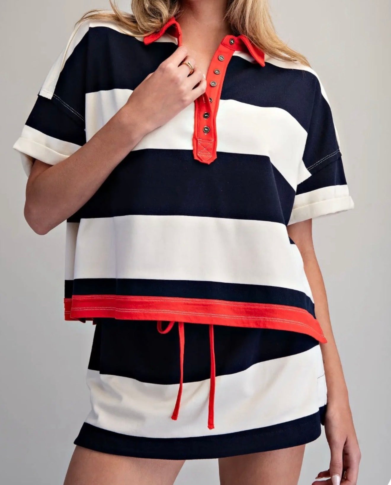 z   Striped Contrasting Polo Set