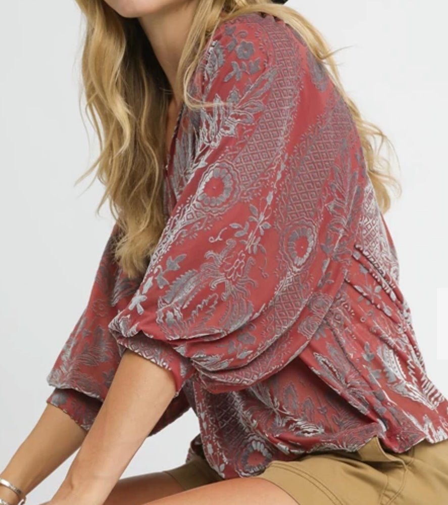 z   Damask Print Velvet Split Neck Top