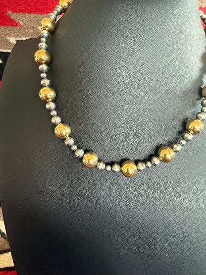 Style 6 Sterling Silver Navajo Pearl and Gold Necklace 16" Long