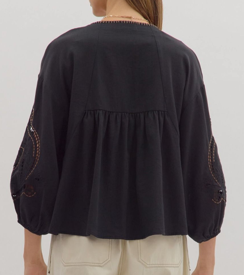 z   3/4 Embroidered Cut Out Sleeves Top