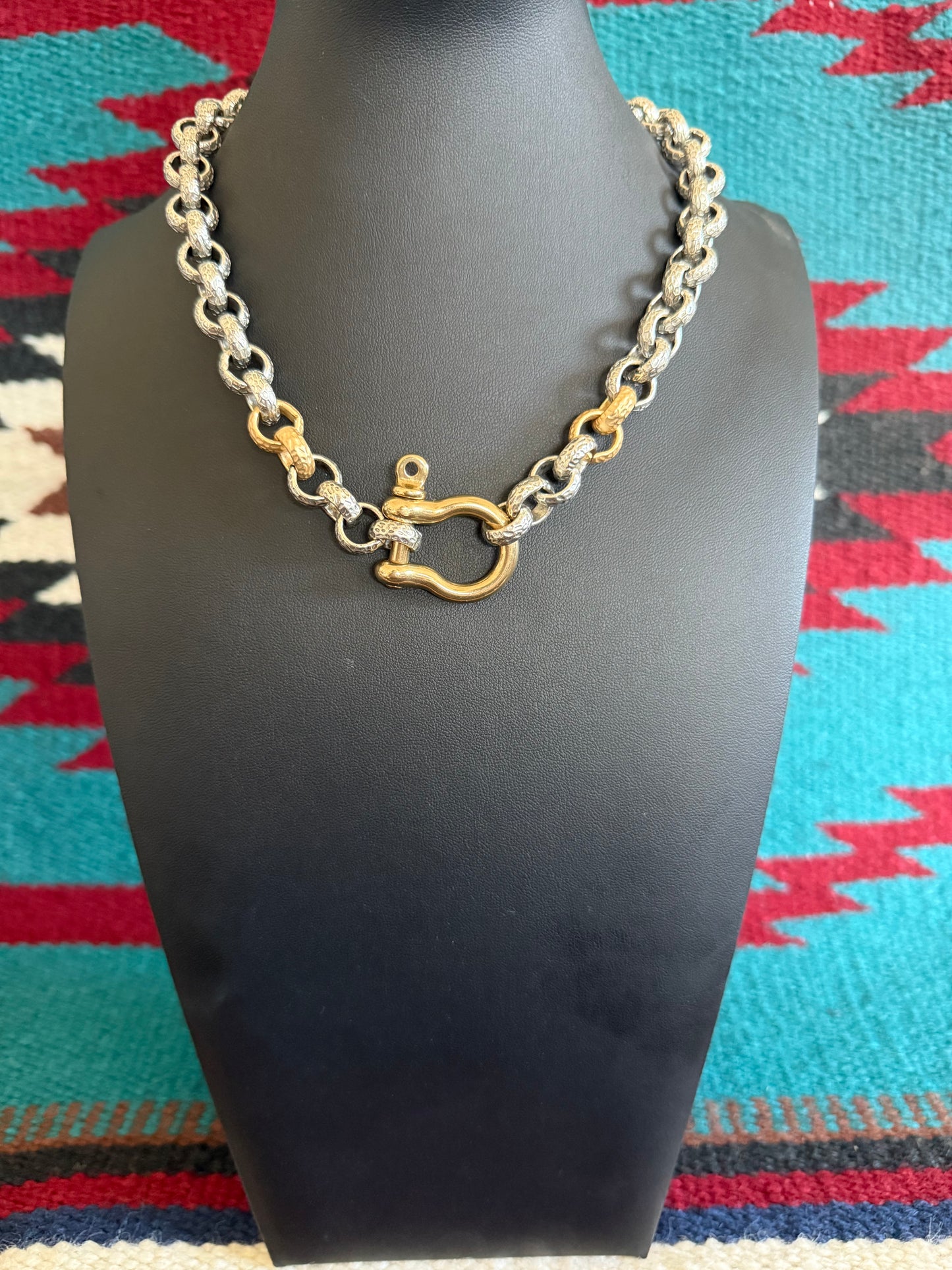 v2   Single Shackle Silver and 18K Gold Plated Necklace 18" Long