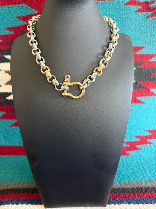 v2   Single Shackle Silver and 18K Gold Plated Necklace 18" Long