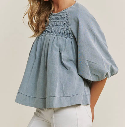 z   Denim Puffed Sleeve Babydoll Top