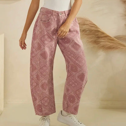z   Paisley Printed Denim Barrel Jeans