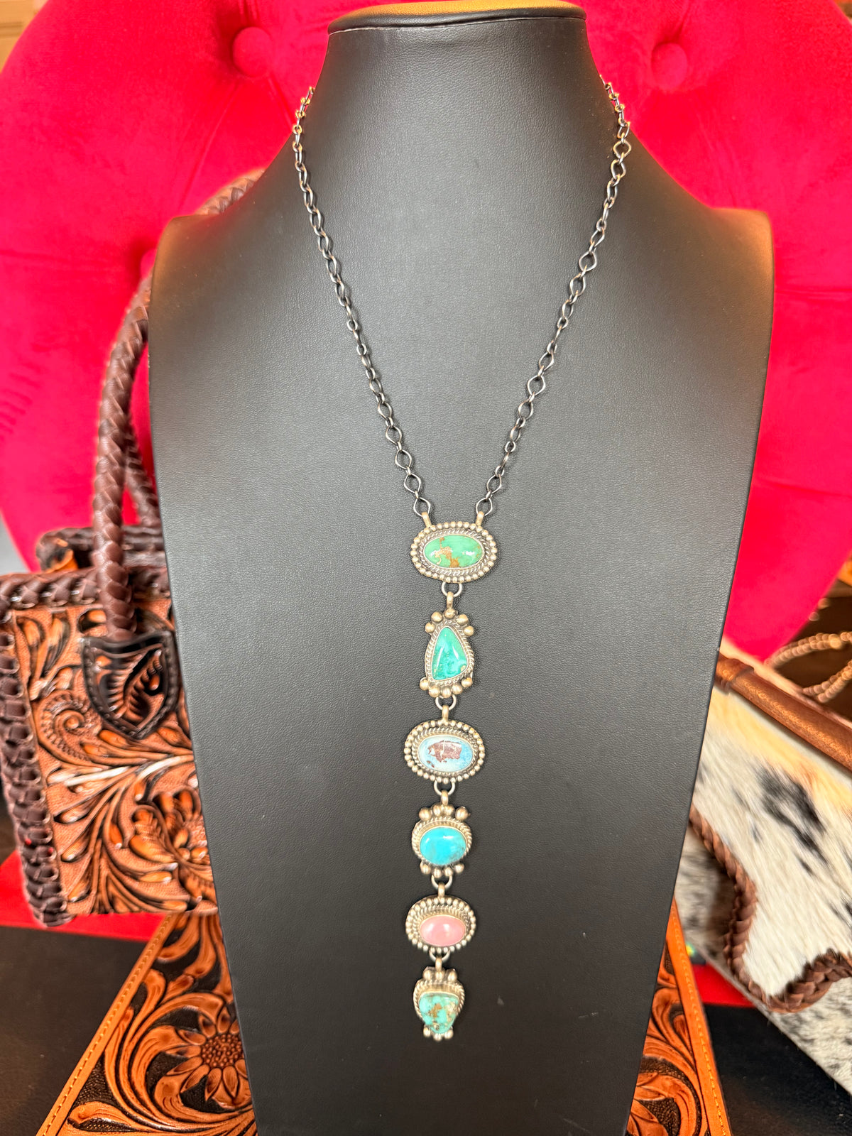 Six Mixed Stone Sterling Silver Native American Necklace By Vicky Hicks