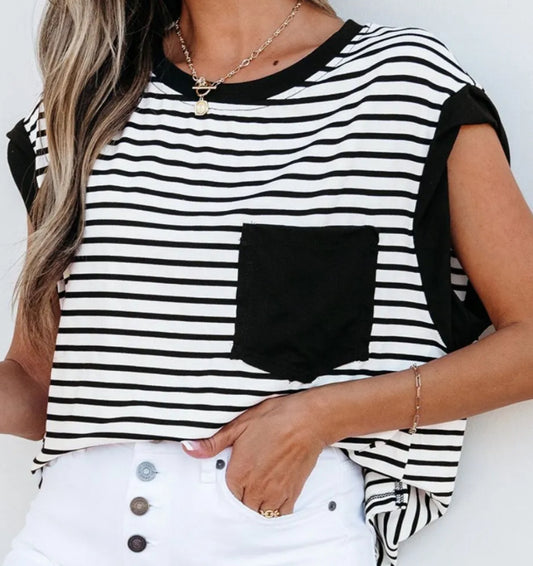 z   Striped Round Neck  Cap Sleeve Top