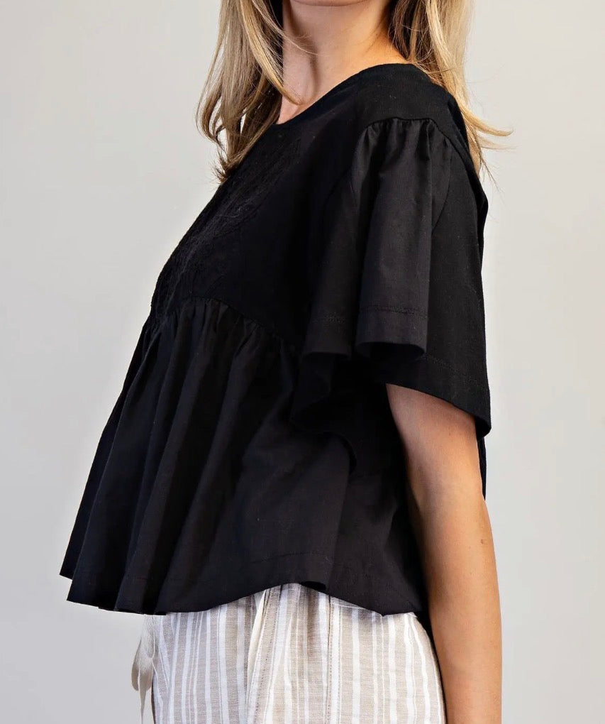 z   Floral Embroidered Yoke Babydoll Top