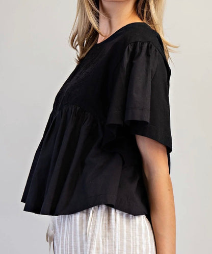 z   Floral Embroidered Yoke Babydoll Top