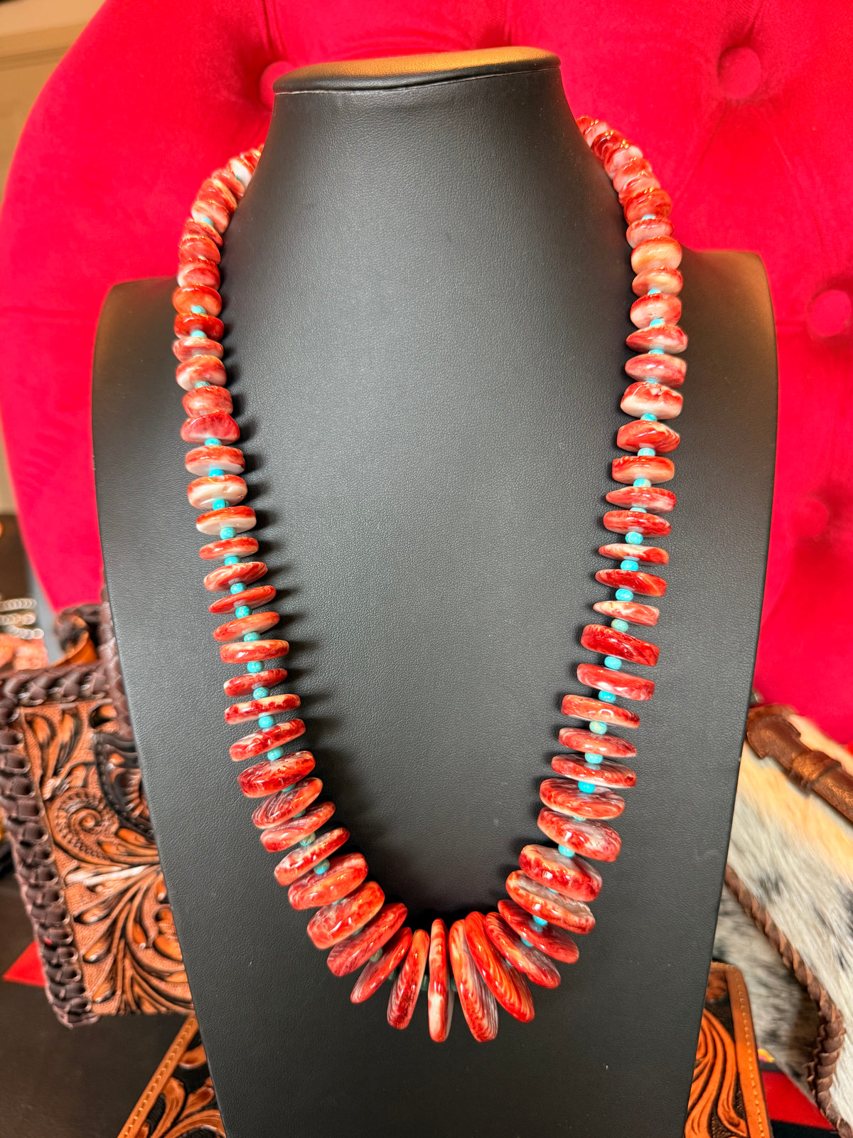 24" Red Spiny and Kingman Turquoise Graduated Necklace