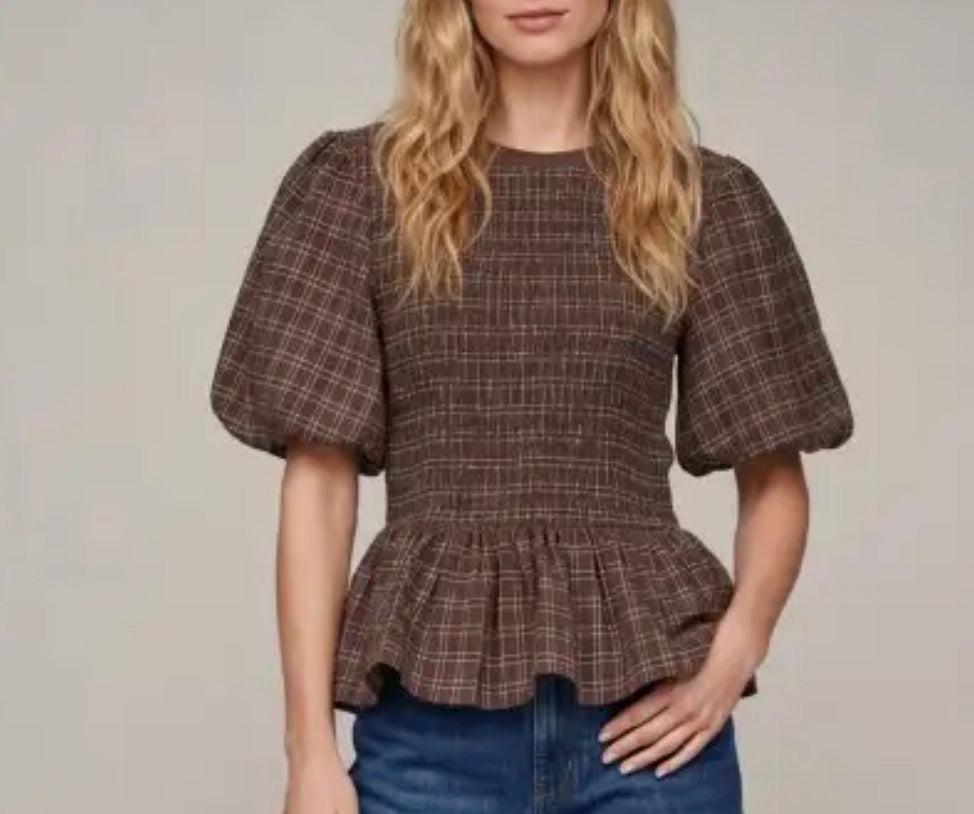 z   Brown Plaid Smocked Peplum Top