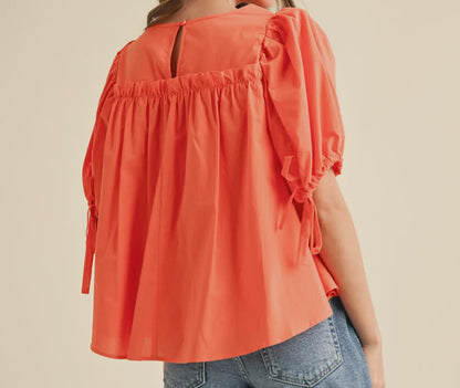 z   Tiered Shirring Puff Sleeve Top Orange