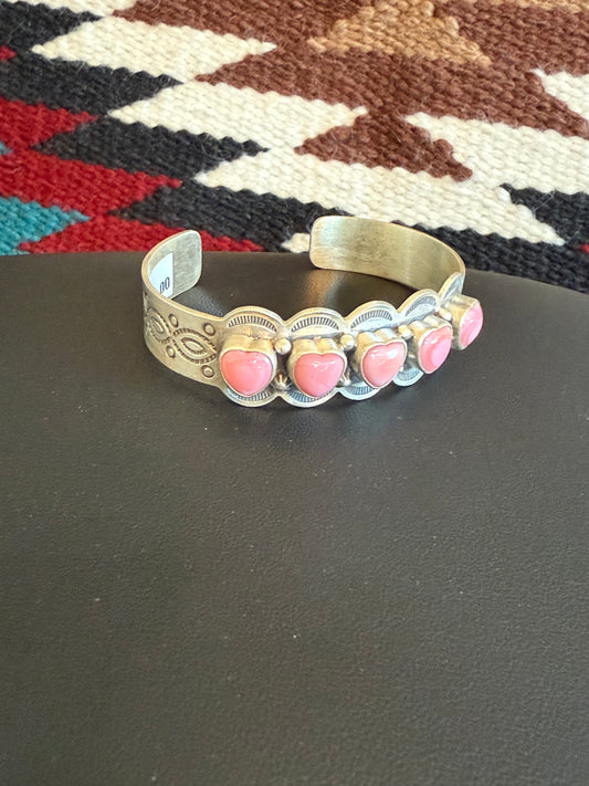 Sterling Silver Pink Conch Heart Stone Cuff