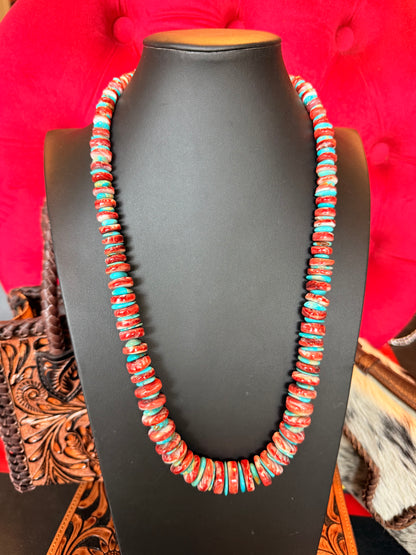 24" Red Spiny and Kingman Turquoise Necklace