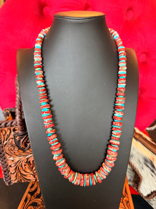 24" Red Spiny and Kingman Turquoise Necklace
