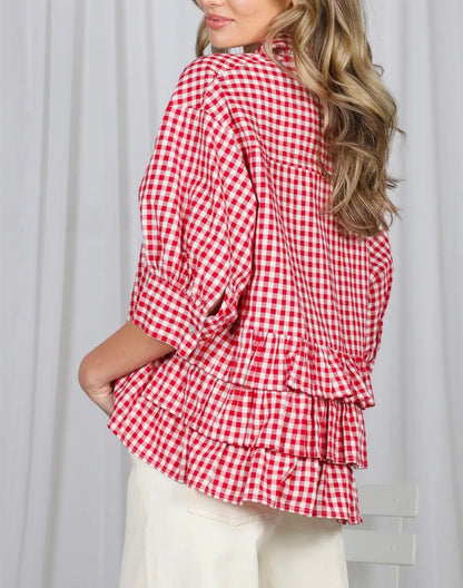 z   Red Gingham Puff Sleeve Ruffle Top