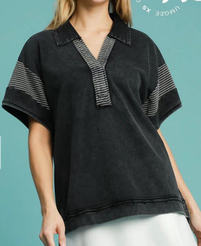 z   Striped Contrast Washed Polo Tunic