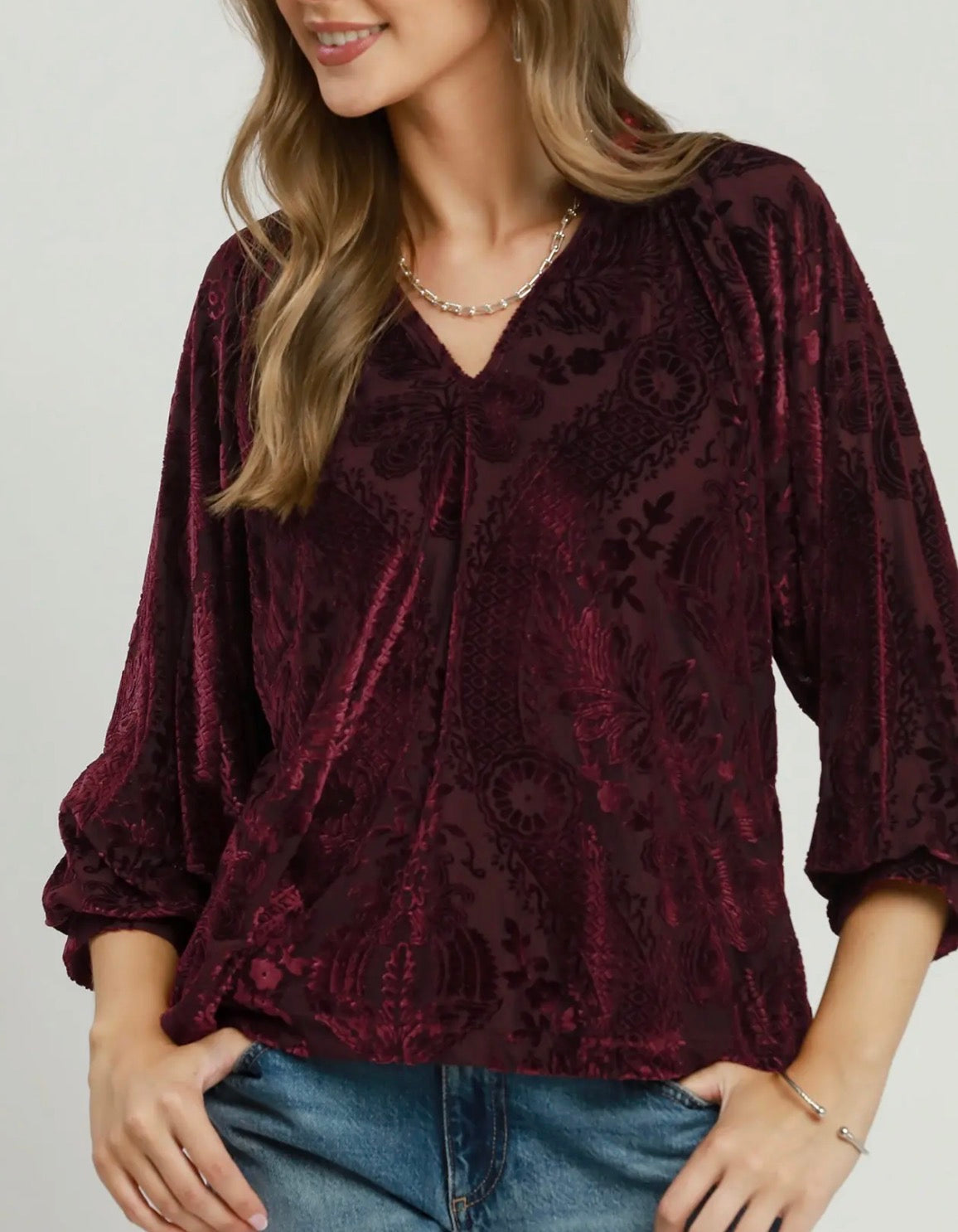 z   Damask Print Velvet Split Neck Merlot Top