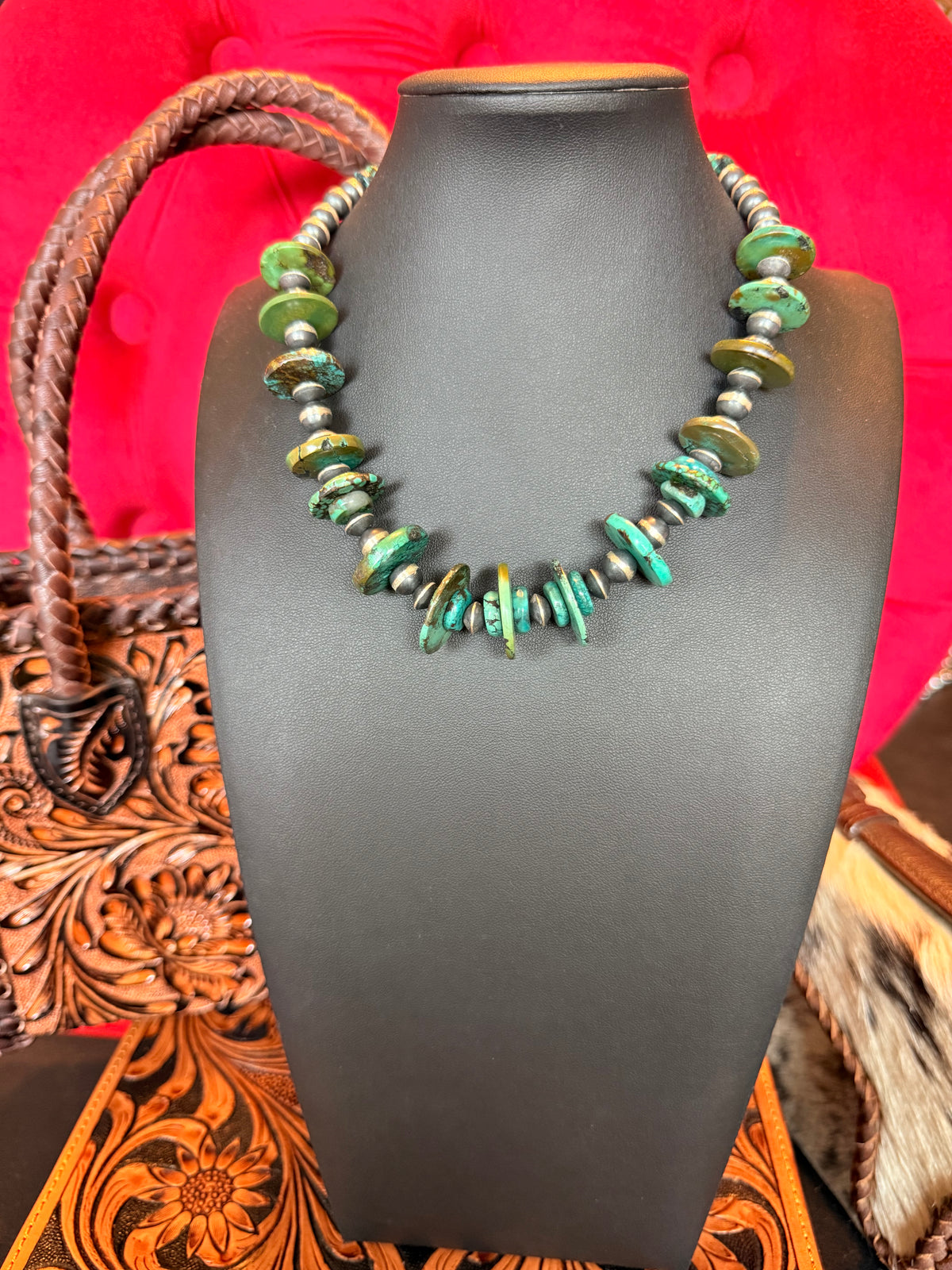 Handmade Sterling Silver and Kingman Turquoise Necklace 16" Long