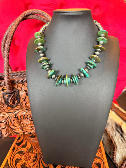 Handmade Sterling Silver and Kingman Turquoise Necklace 16" Long