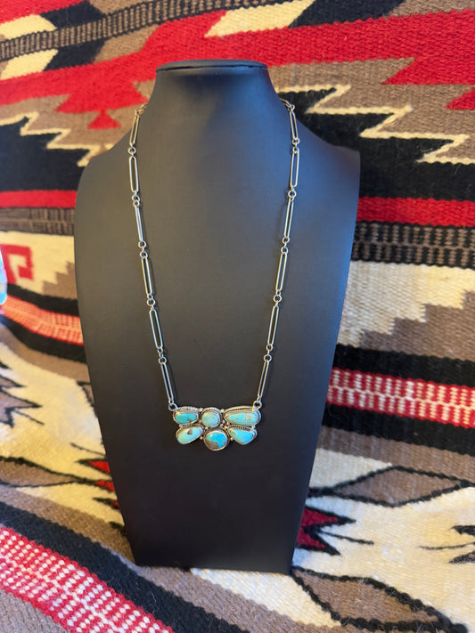 Turquoise Half Moon Cluster Pendant with a Link Chain 24" Long