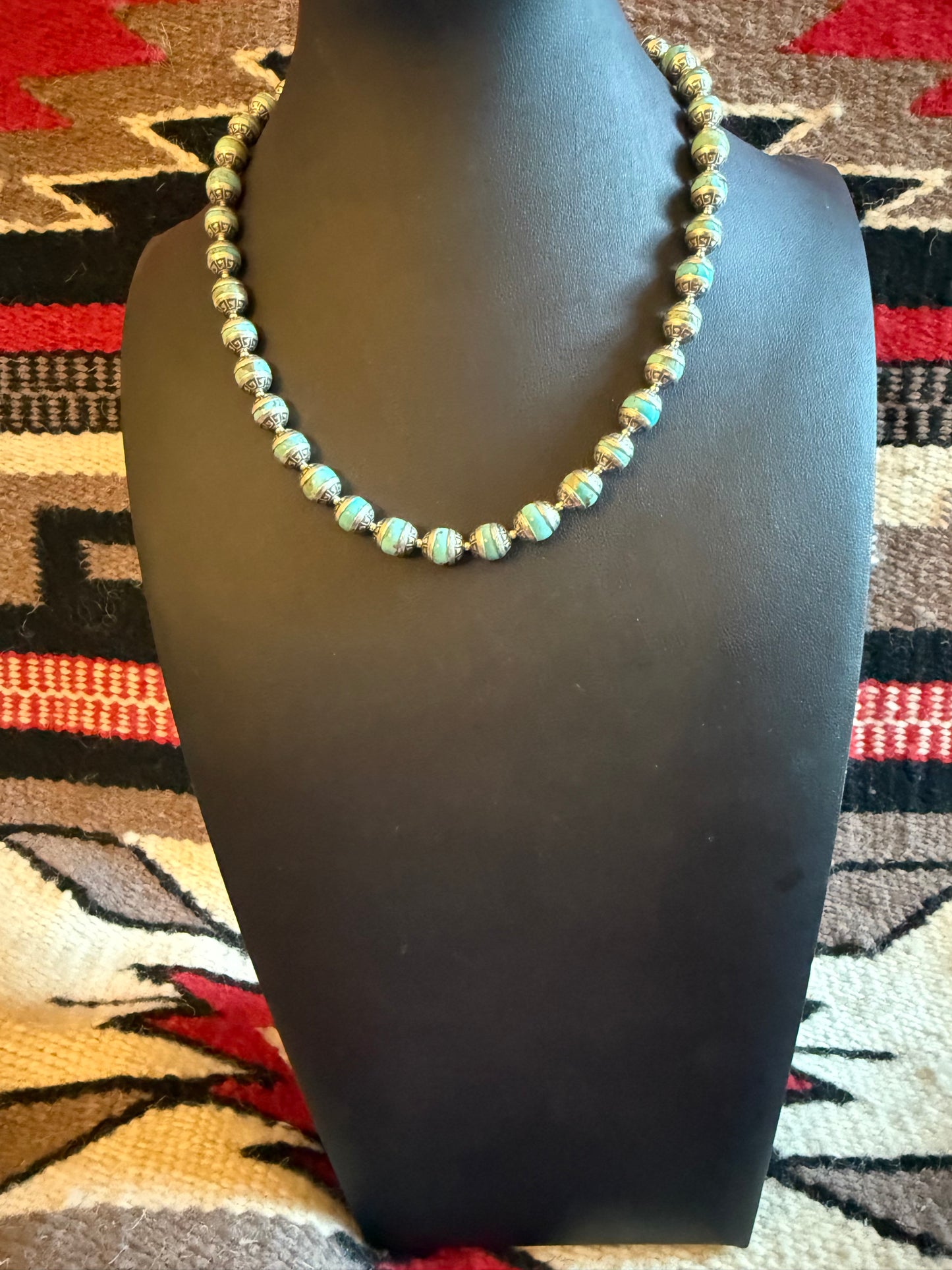 LI  Kingman Turquoise Aztec Necklace 16" Long with 2" Extender